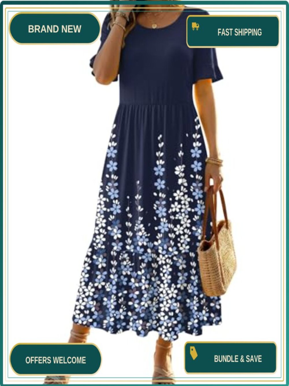 Women's Flowy Tiered Midi Dress with Ruffle Sleeves, Boho A-Line Sundresses